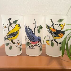VINTAGE 1950s MCM Hazel-Atlas Frosted Glass Bird Tumblers - Set of 3